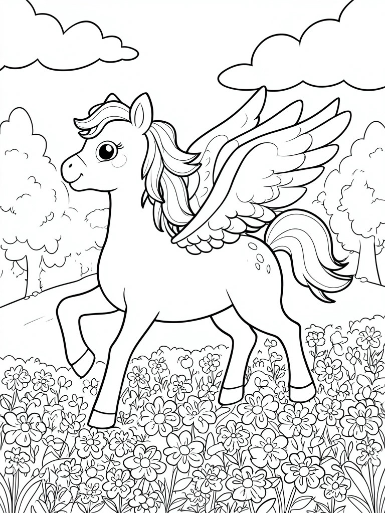 Cute cartoon Pegasus with wings stands in a flower-filled meadow with trees