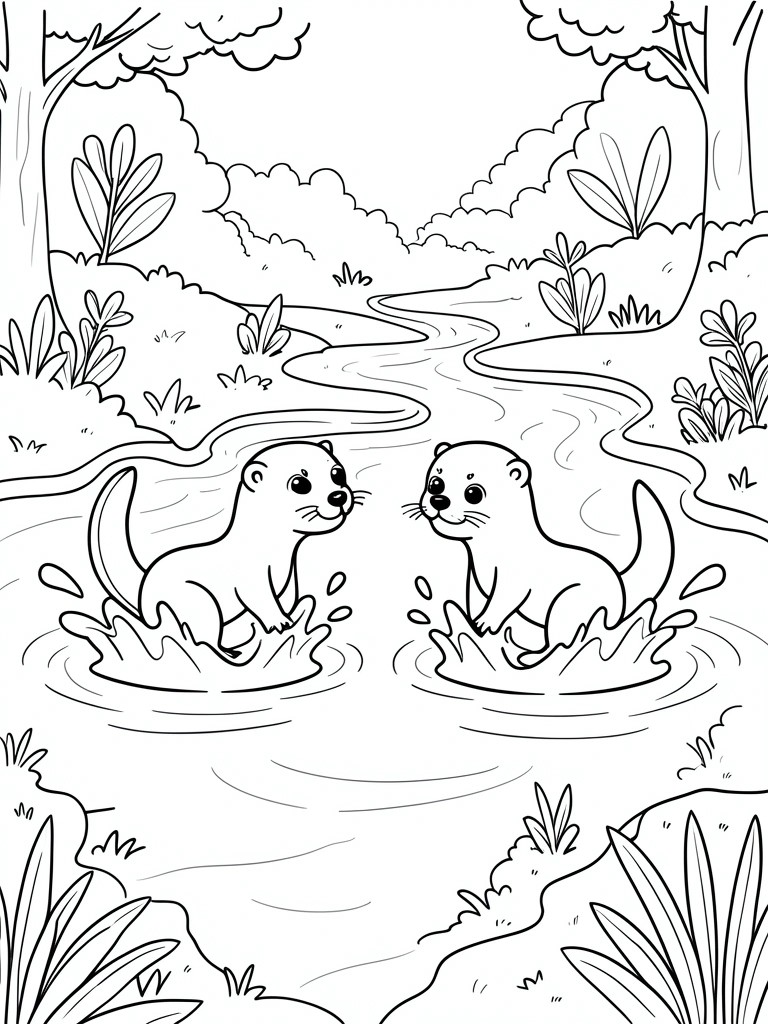 Two otters splashing in a forest stream amid trees and plants line art