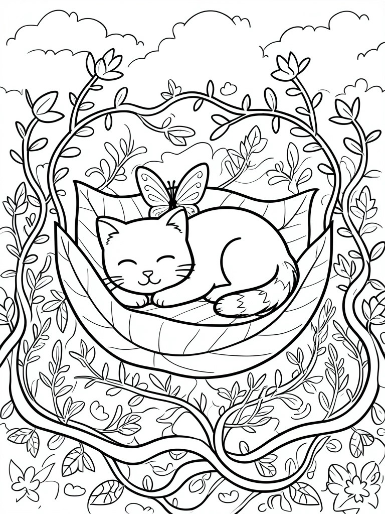 Sleeping cat curled in leaf hammock with butterfly, encircled by flowering vines and clouds.