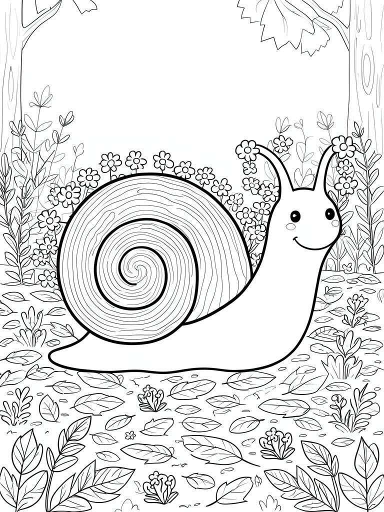 A black and white line drawing of a snail with a spiral shell, cute face, and surrounding flowers and leaves on a forest floor.