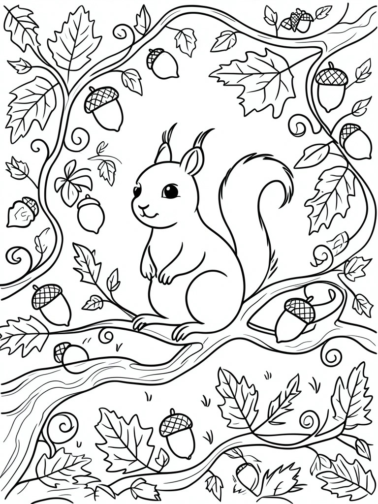 Black-and-white coloring page of squirrel on branch with acorns and leaves