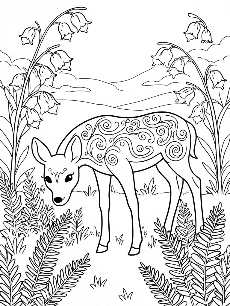 Coloring page of a fawn with swirl patterns amid bell flowers, ferns, and hills.