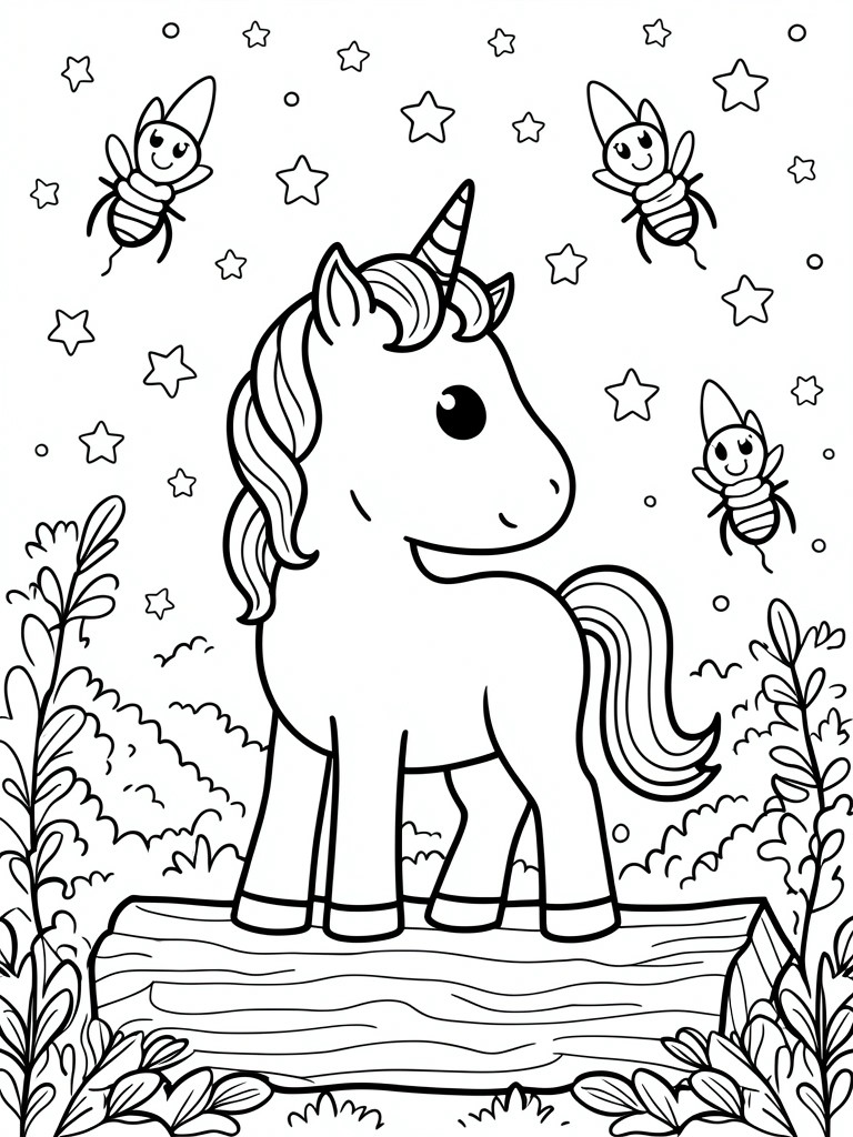 Cute unicorn on log with smiling bees, stars, and leafy plants around it