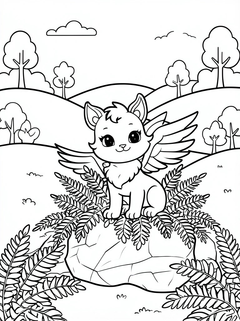 Winged cartoon kitten perched on fern-covered rock amid hills and trees