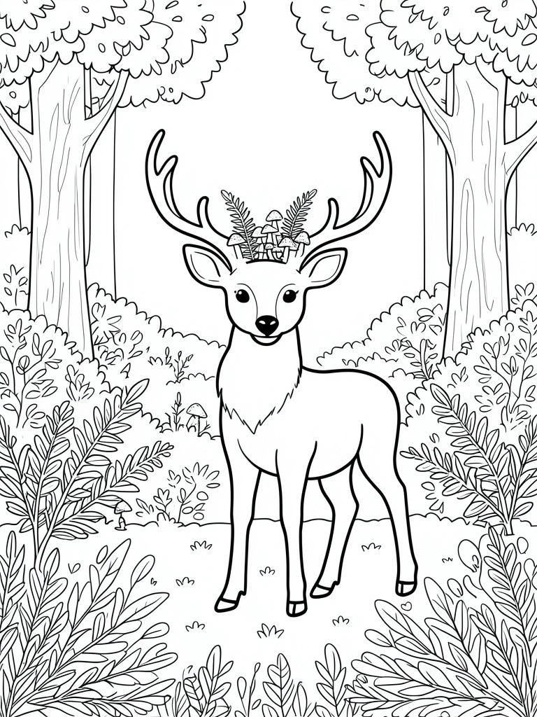 A deer with mushroom-decorated antlers stands amid forest trees and foliage.