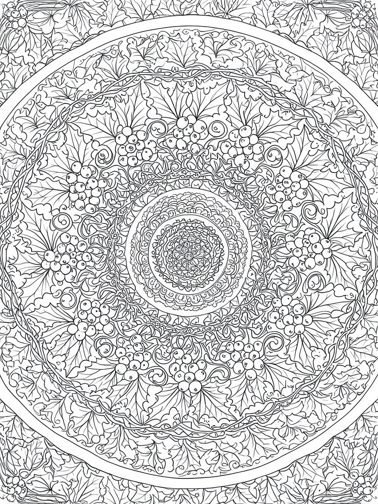 Intricate black-and-white mandala with concentric circles of leaves, vines, and berries.