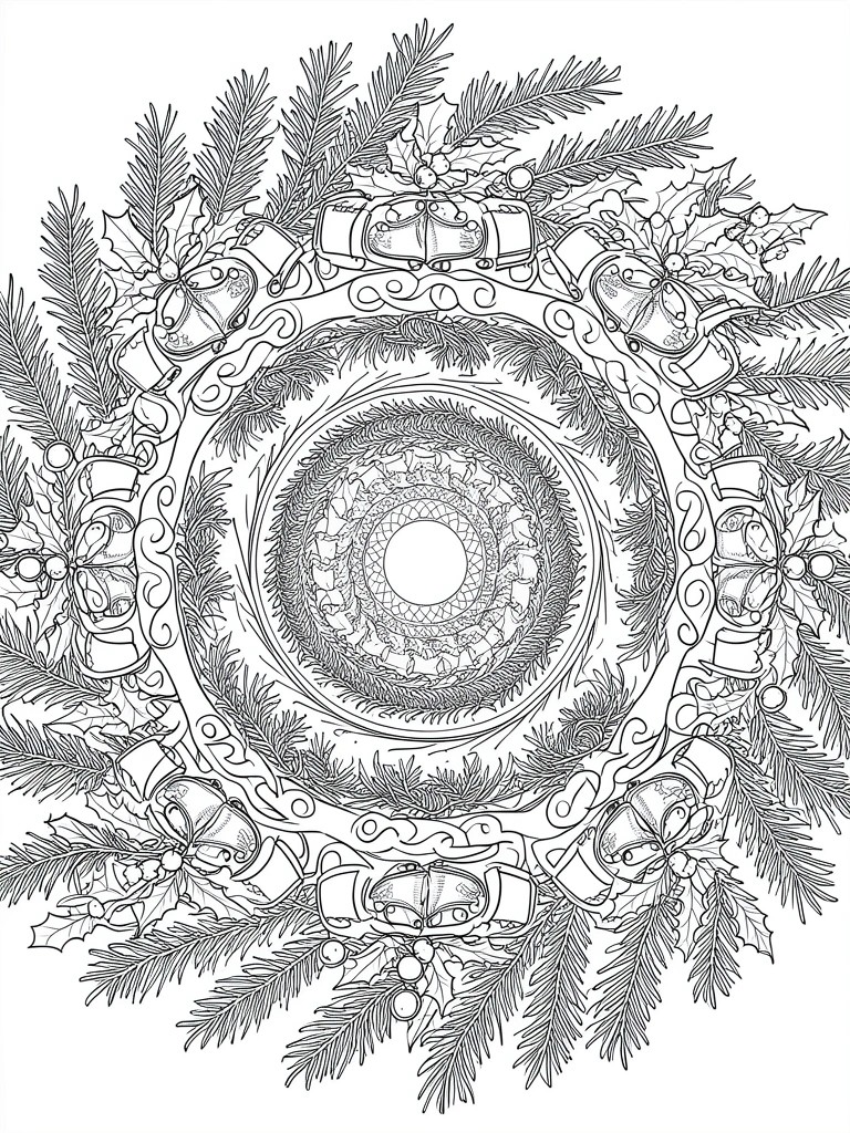 A black and white mandala coloring page with Christmas bells, holly leaves, and pine branches arranged in a circular wreath around a patterned center.