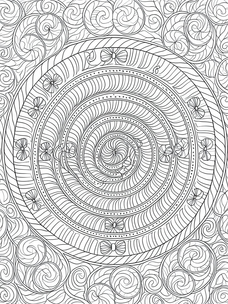 A black and white mandala coloring page with concentric circles, bows, flowers, and swirling patterns.