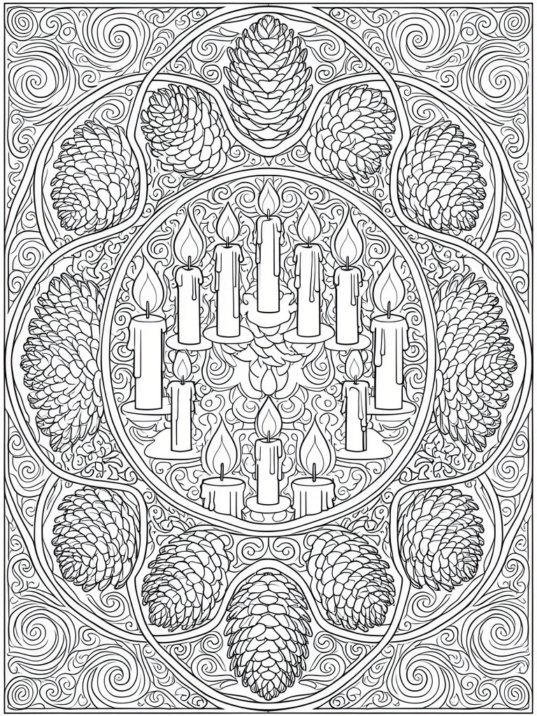 A mandala coloring page with candles in the center surrounded by multiple rings of pinecones and swirling background patterns.
