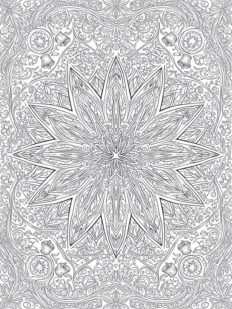 A black and white mandala coloring page with a large central star-shaped flower, surrounded by bells, acorns, and ornate circular patterns.