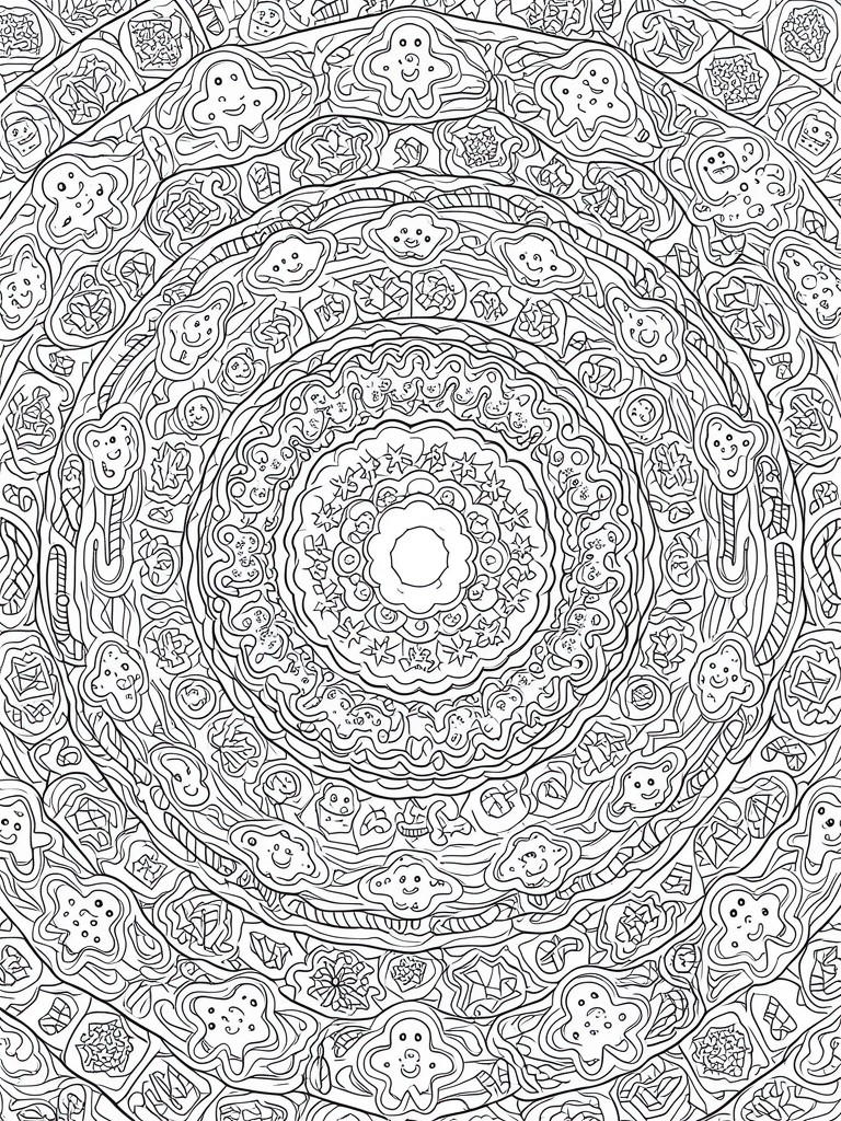 Intricate black-and-white mandala with smiling faces, stars, swirls, and geometric patterns.