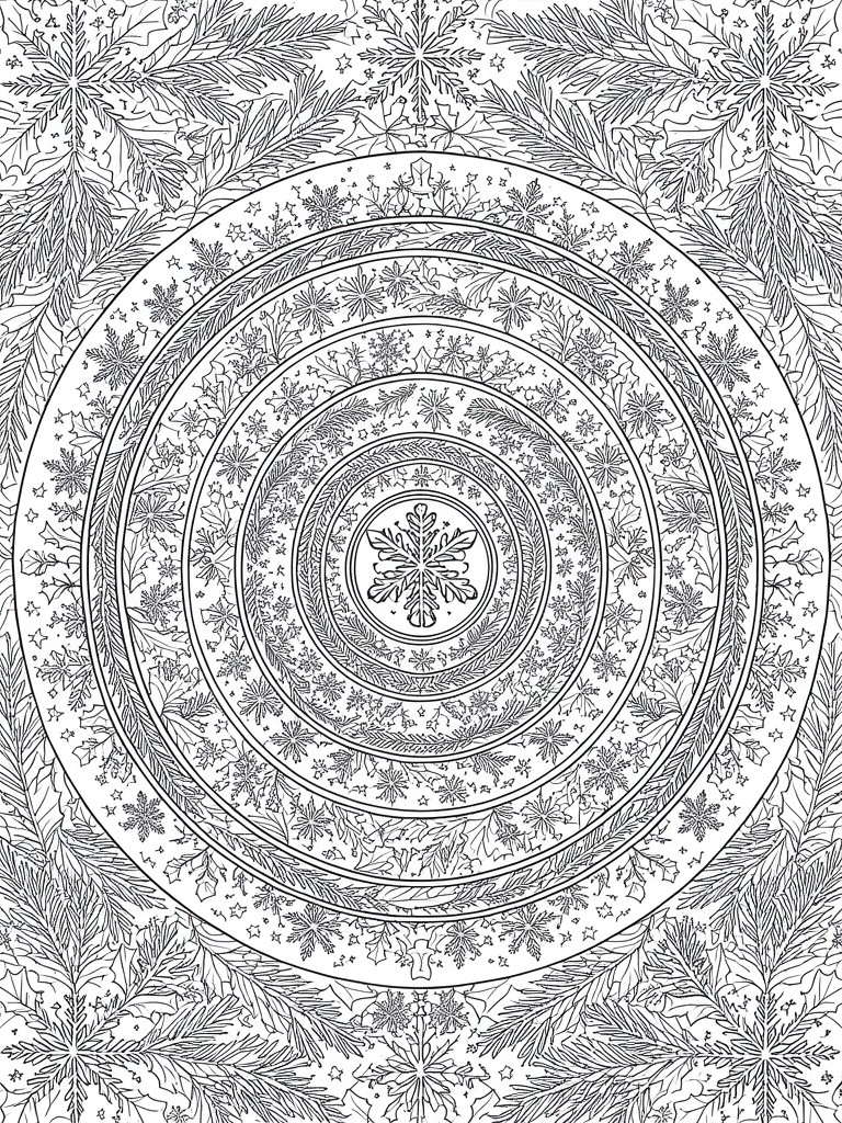 A black and white mandala coloring page featuring concentric rings of snowflakes, holly, pine branches, and stars around a central snowflake.
