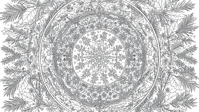A black and white mandala coloring page featuring concentric rings of snowflakes, holly, pine branches, and stars around a central snowflake.