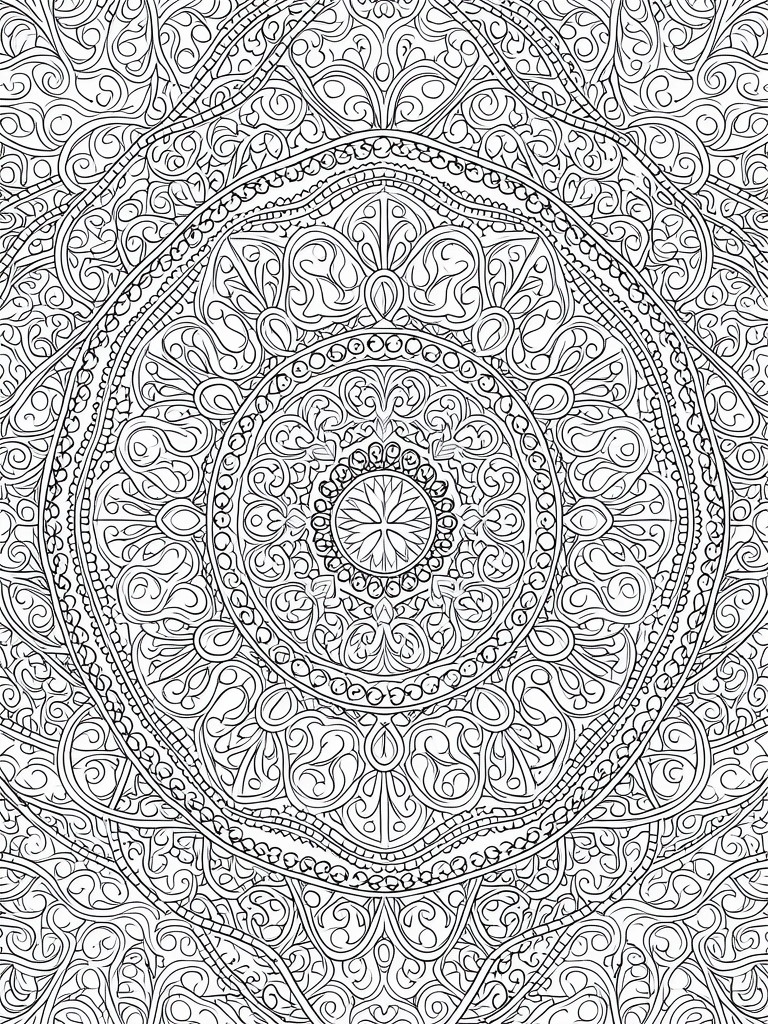 Intricate black-and-white mandala with layered floral swirls, dots, and symmetrical patterns