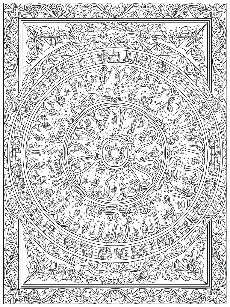 Intricate black-and-white mandala of musical notes with ornate floral border