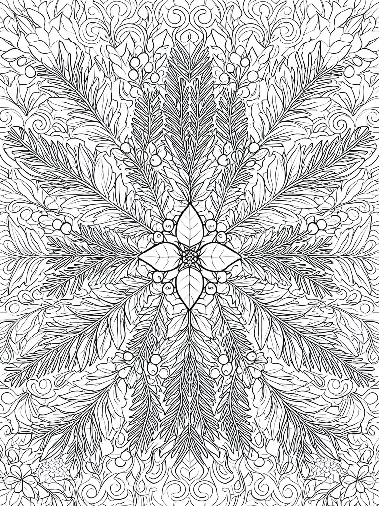 A black and white mandala coloring page featuring pine branches, leaves, and berries in a symmetrical circular design.