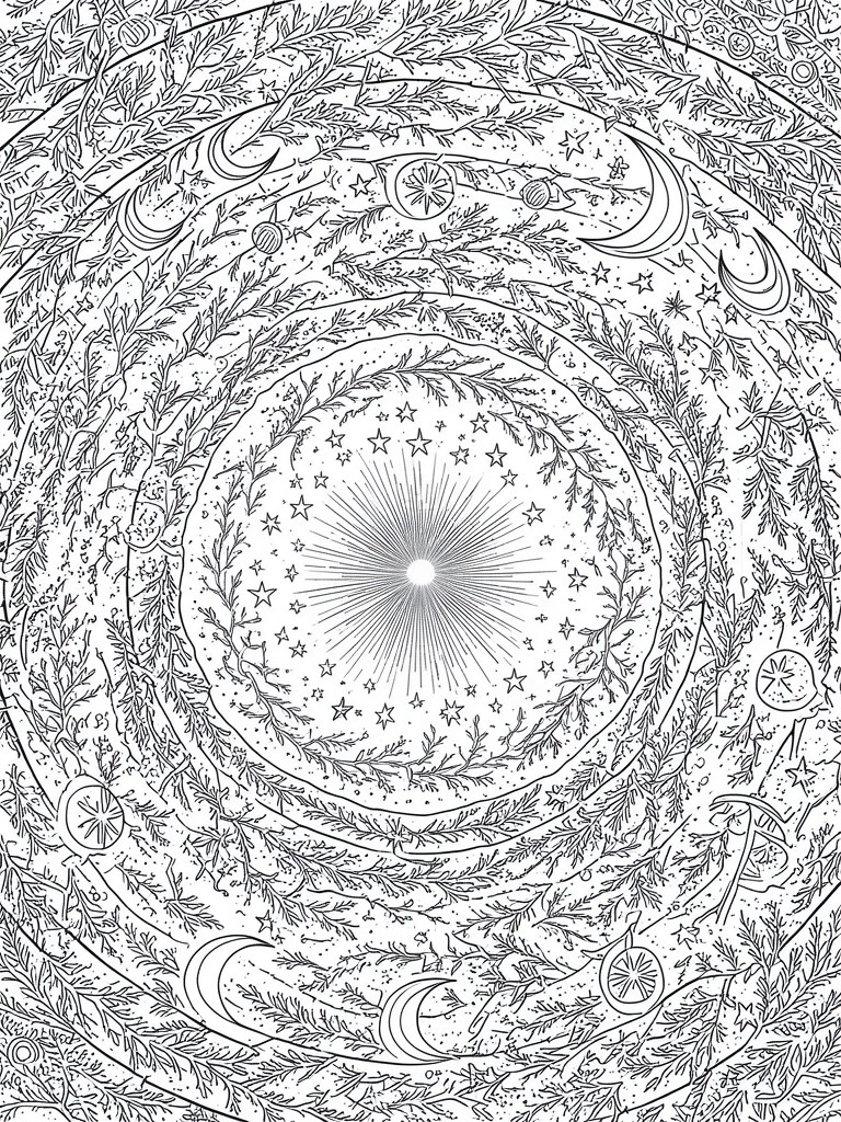 A black and white mandala coloring page with a central sunburst, concentric circles of pine branches, stars, moons, and planets.