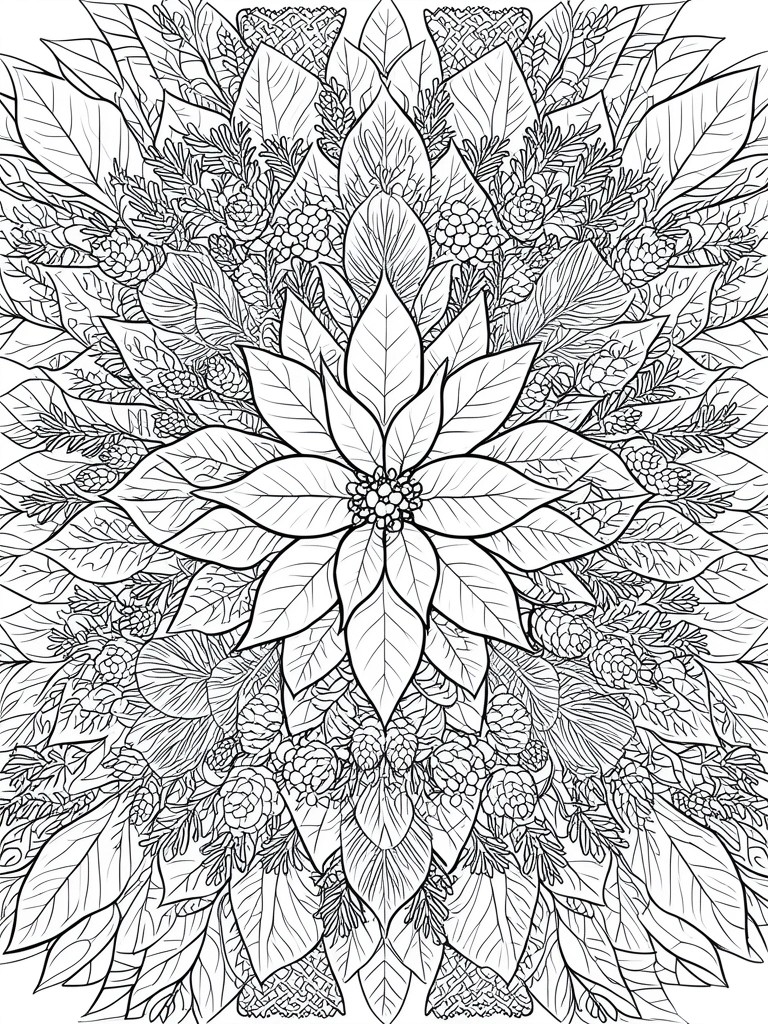 Black and white mandala of central poinsettia with pinecones and foliage.