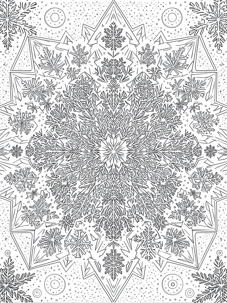 A black and white mandala coloring page with snowflakes arranged in symmetrical layers inside a large star-shaped outline and scattered dots in the background.
