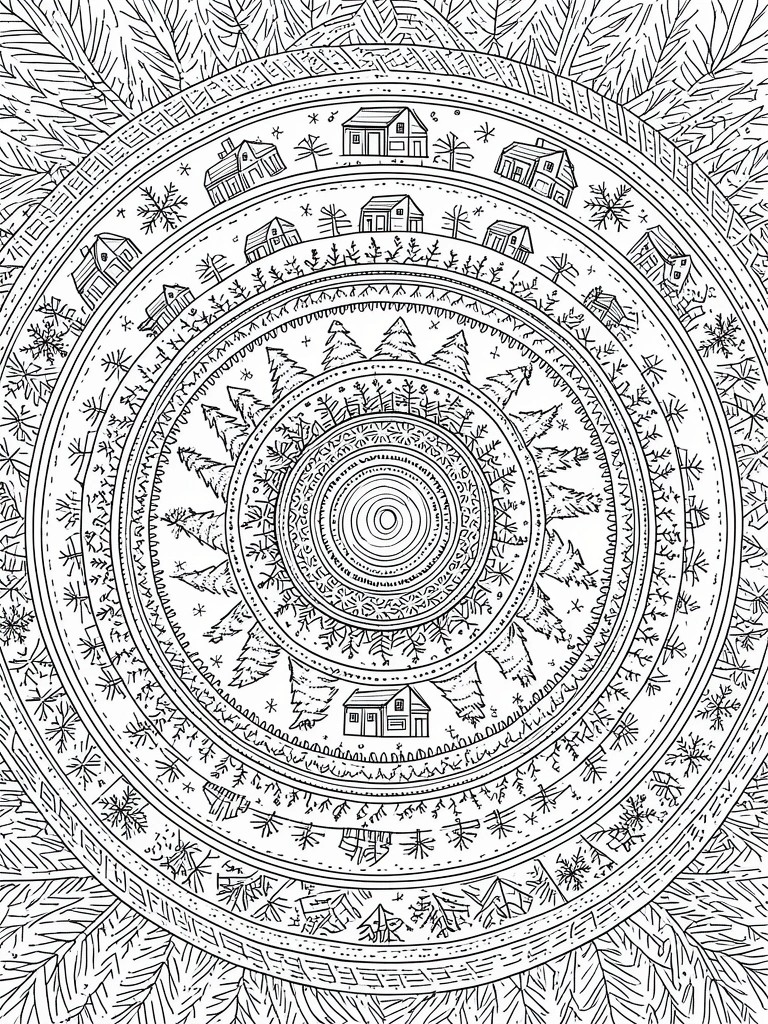 Black and white mandala with concentric circles of houses, trees, and snowflakes.