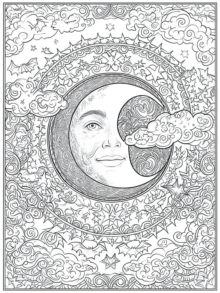 Detailed coloring page of crescent moon face amid stars, clouds and bats
