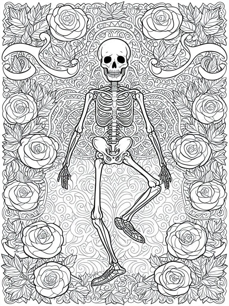 Black and white line art of dancing skeleton amid roses and ornate swirls