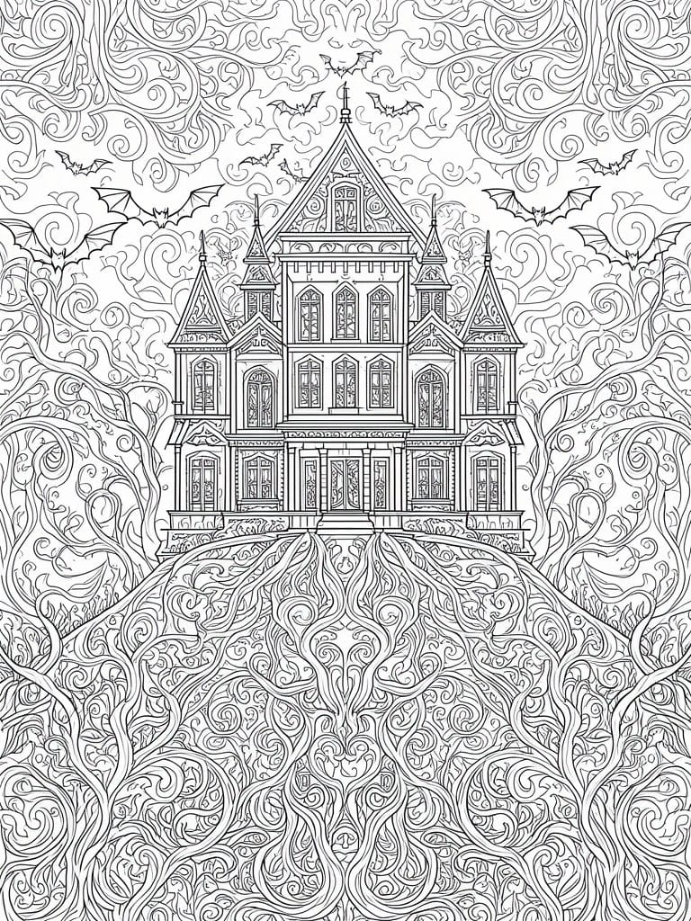 A black and white line drawing of a multi-story haunted house on a hill with swirling trees and bats in the sky.