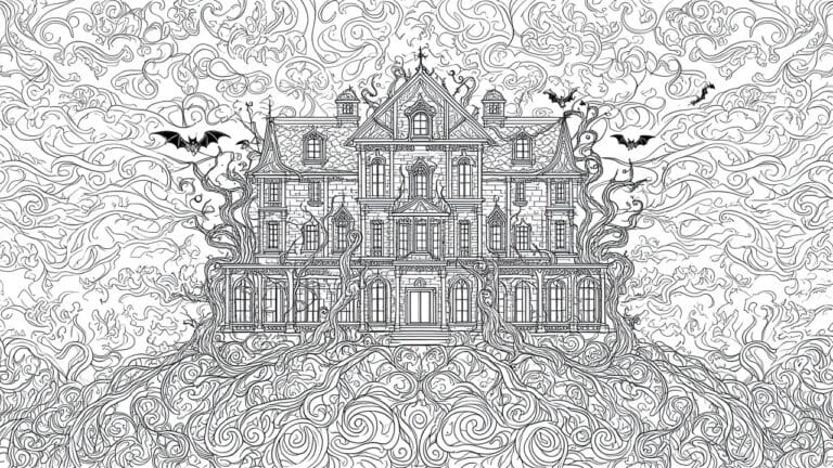 18 Lovely Halloween Coloring Sheets for Adults Using Fine Line Illustrations A black and white line drawing of a multi-story haunted house on a hill with swirling trees and bats in the sky.