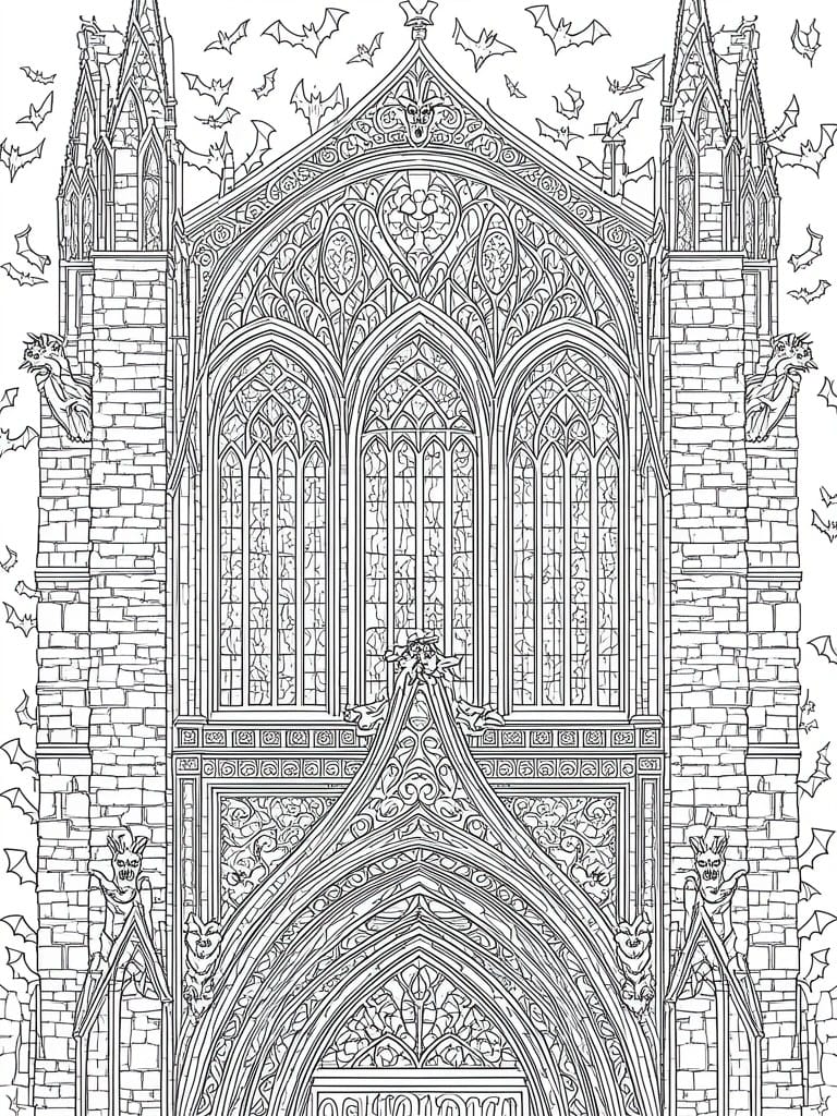 A detailed line drawing of a gothic cathedral facade with bats flying above, gargoyles on the towers, and ornate arches and windows.