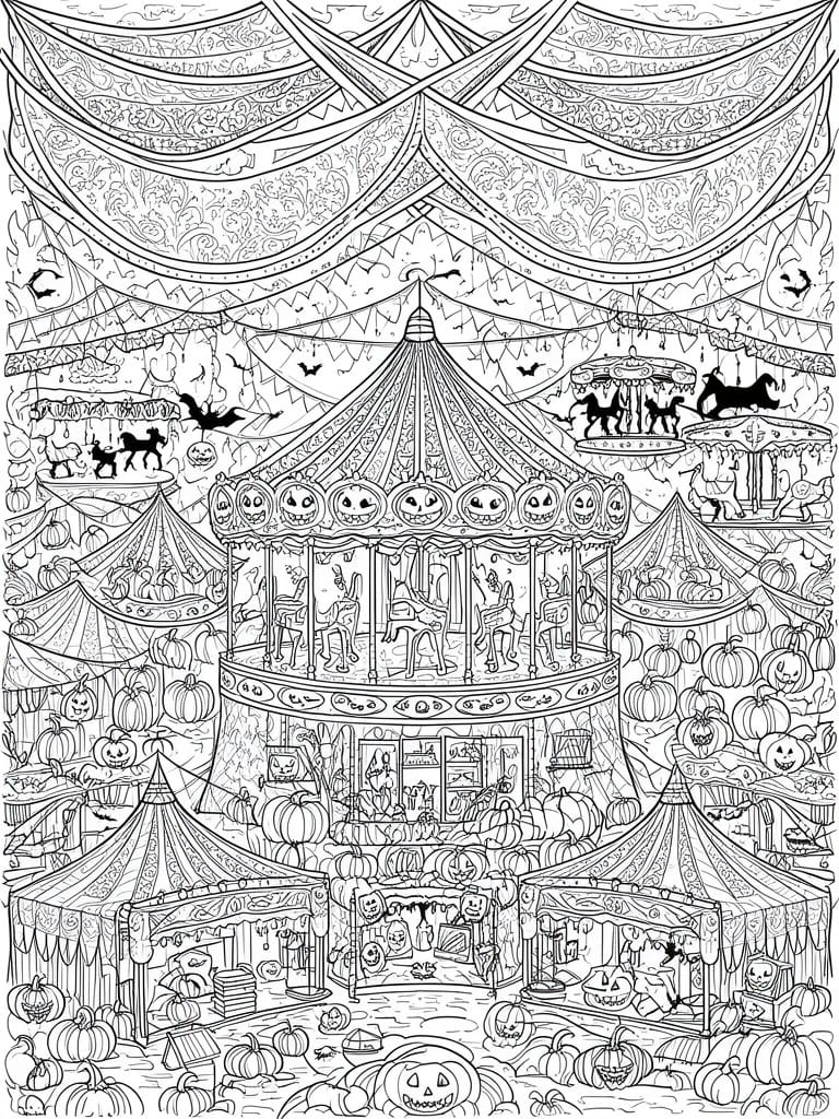 A black and white line drawing of a Halloween fair featuring a jack-o-lantern carousel amid tents and pumpkins.