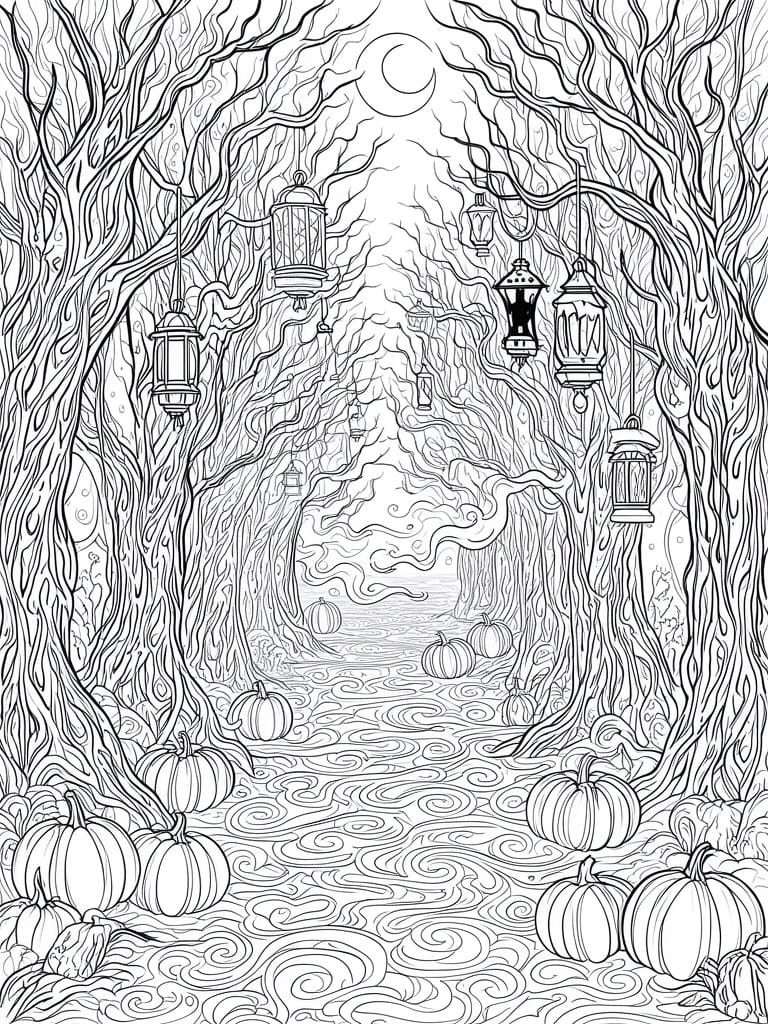 Black and white line art of a lantern-lined forest path with pumpkins and twisted trees