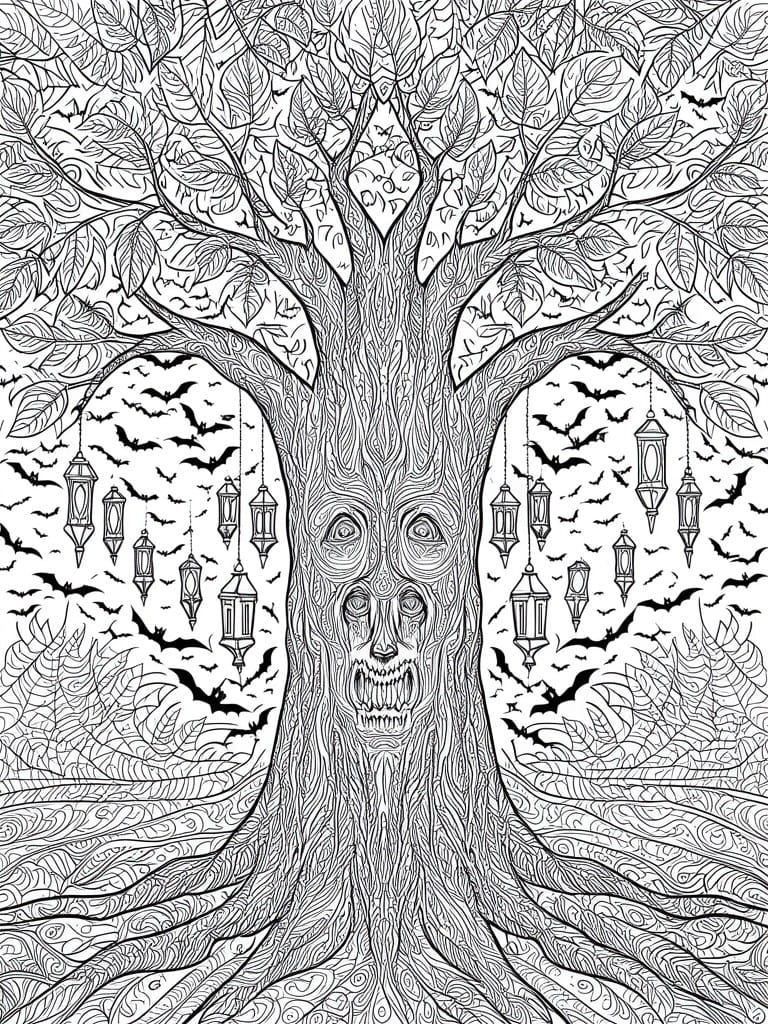 Intricate line drawing of spooky tree with carved face, lanterns, and bats