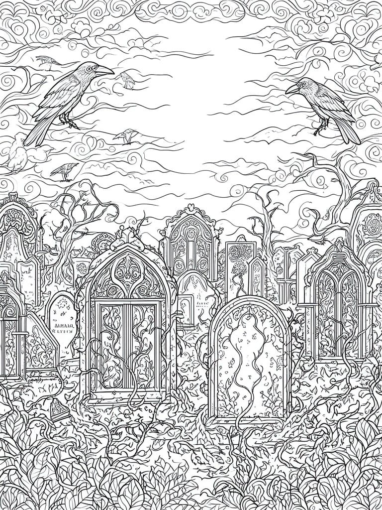 Detailed line art of gothic cemetery with crows, ornate overgrown tombstones, and twisted trees.