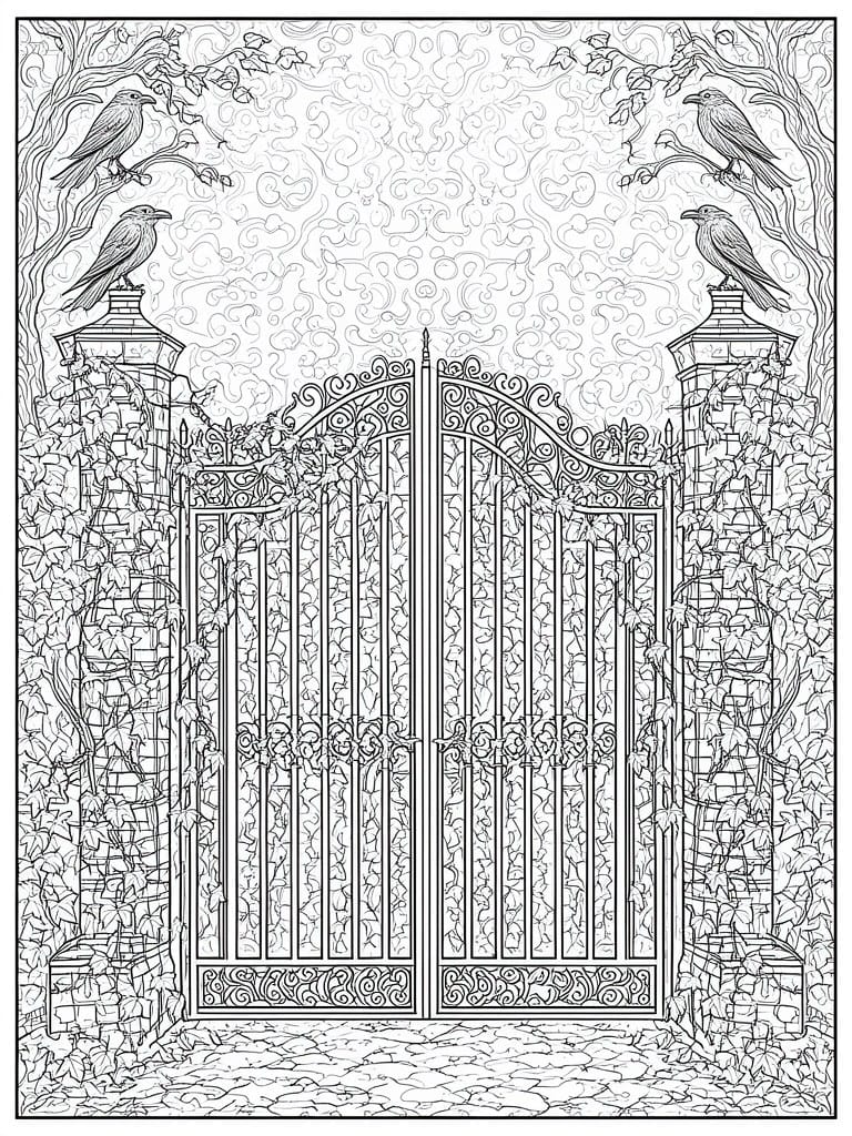 Ornate wrought-iron gates between ivy-covered brick pillars with birds perched on top.