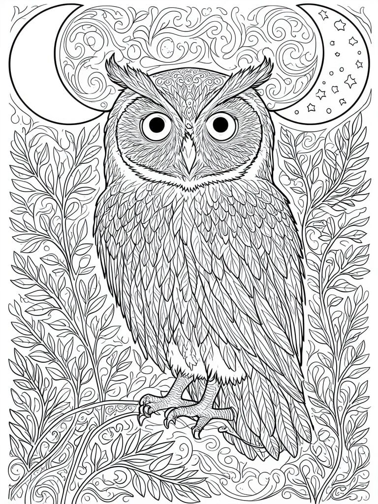 Line art of a detailed owl perched amid foliage under crescent moons and stars.