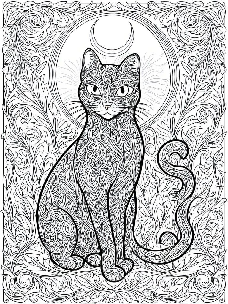 Ornate black-and-white line art of a patterned cat beneath a crescent moon with floral swirls