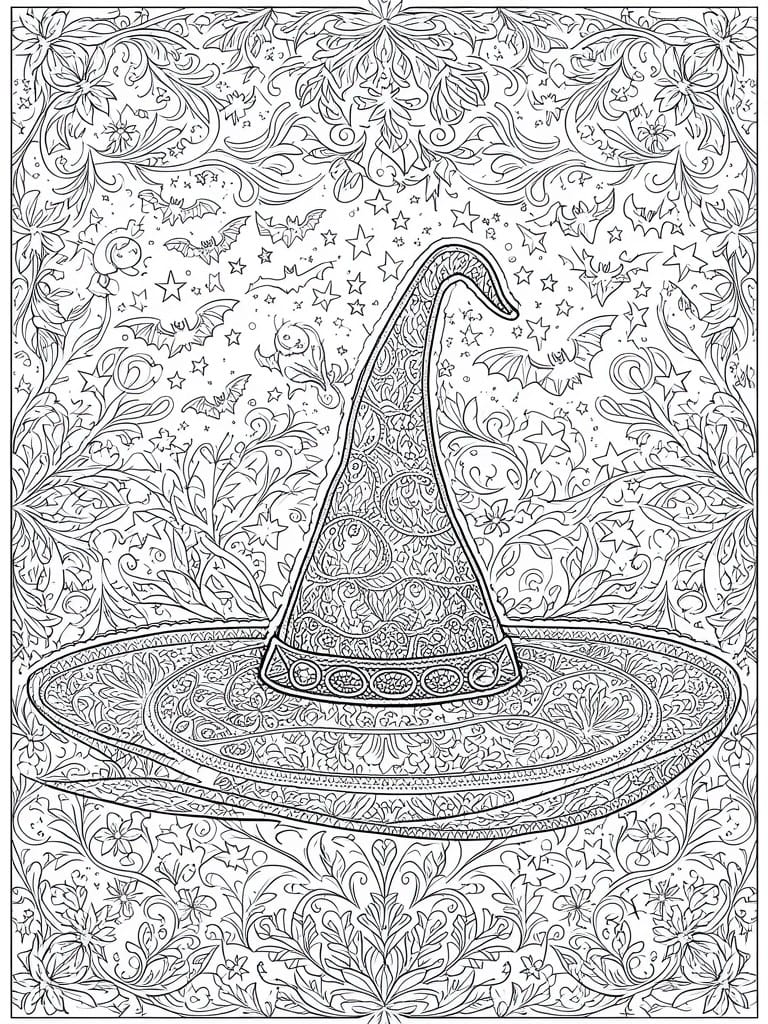 A black and white line drawing of a witch's hat covered in intricate patterns, with bats and stars around it and ornate foliage filling the borders.