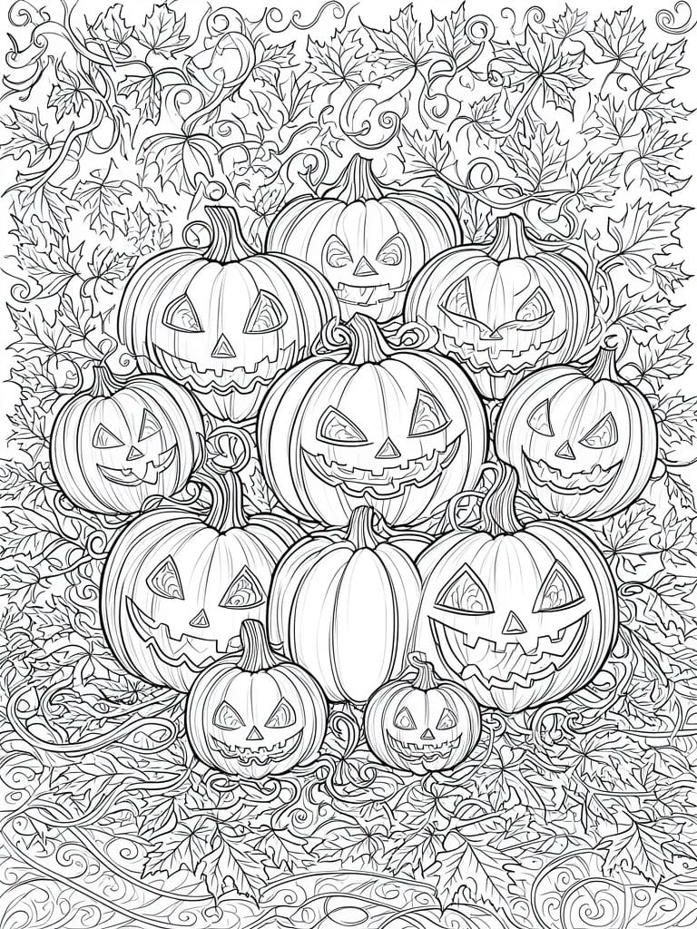 Coloring page of clustered jack-o'-lanterns with carved faces amid leafy vines.