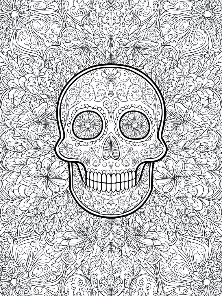 Intricate black-and-white sugar skull with floral patterns amid swirling mandala background