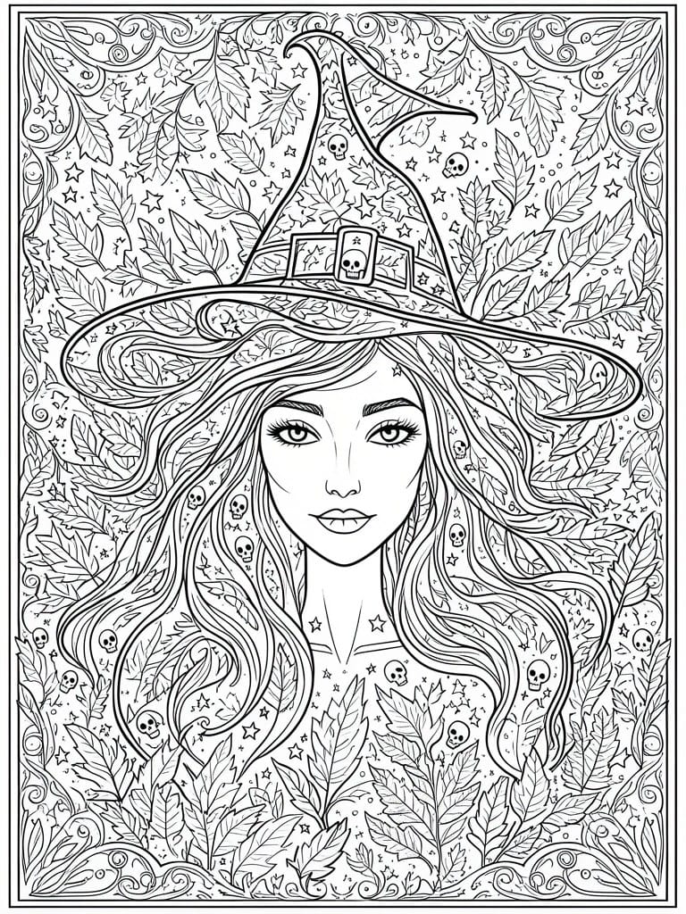 Detailed line art of a witch with flowing hair, starry hat, skulls and leaves.