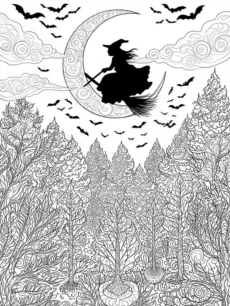 A black and white coloring page features a witch silhouette flying past a crescent moon with bats above a forest of detailed patterned trees.