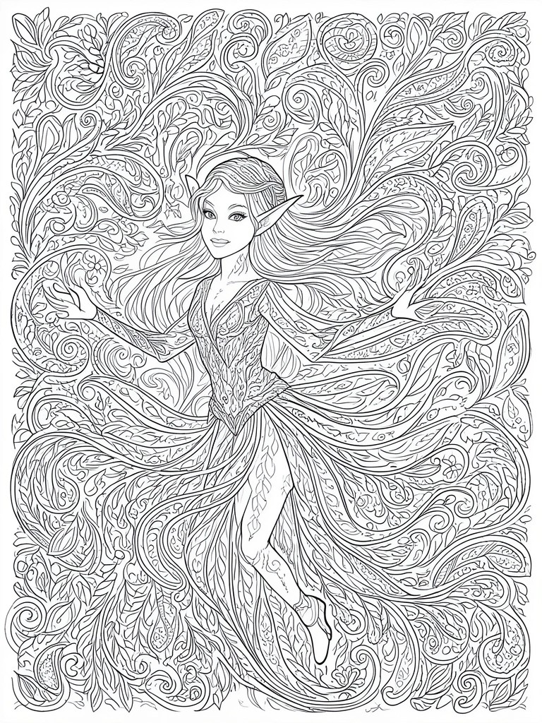 Line art of graceful elf with flowing hair amid swirling leaves and vines.