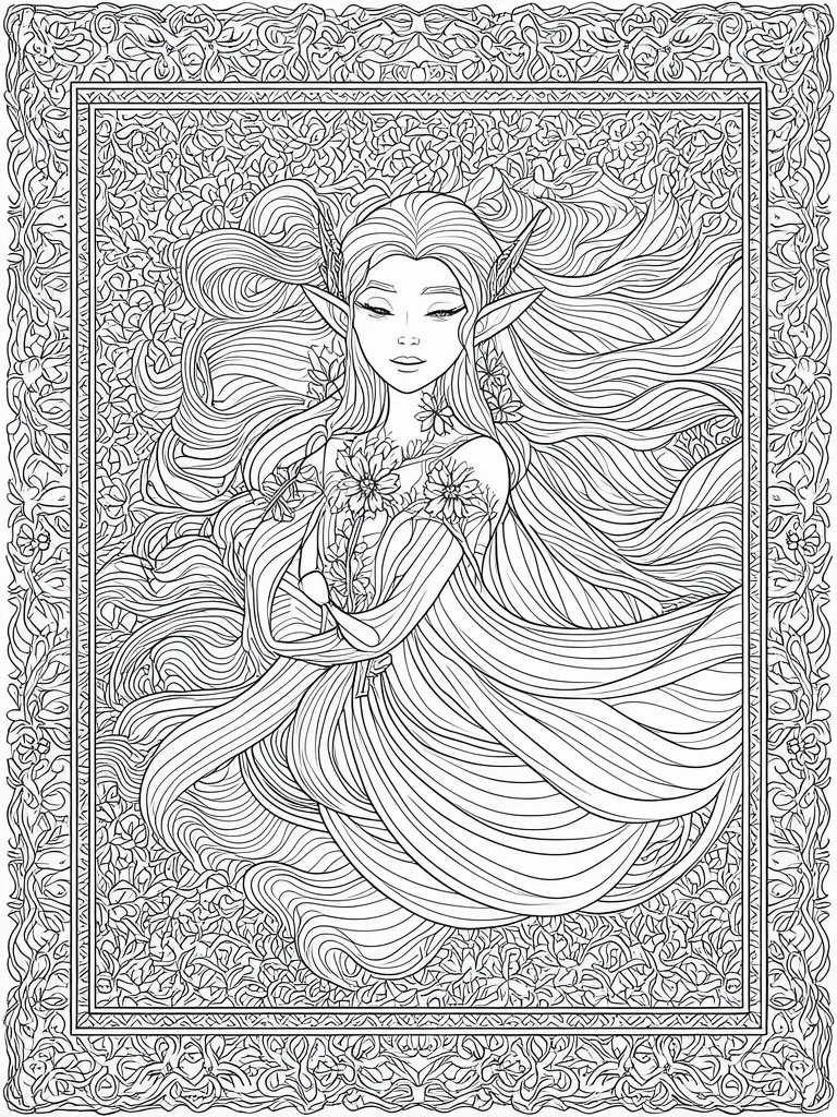 A black and white line drawing of an elf with long flowing hair holding flowers, set inside a dense floral border.