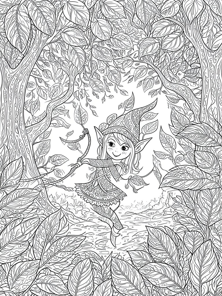 Detailed line drawing of smiling elf girl with bow leaping in leafy forest.