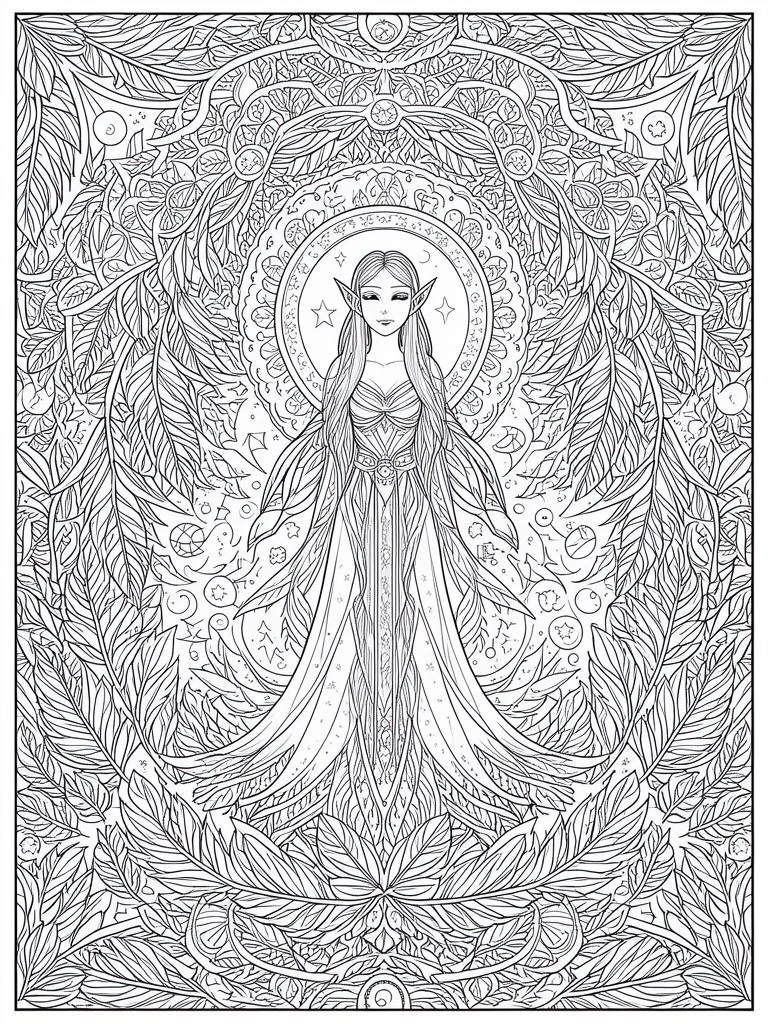 Intricate black-and-white line art of an elf in a starry gown amid celestial leaves and moons.