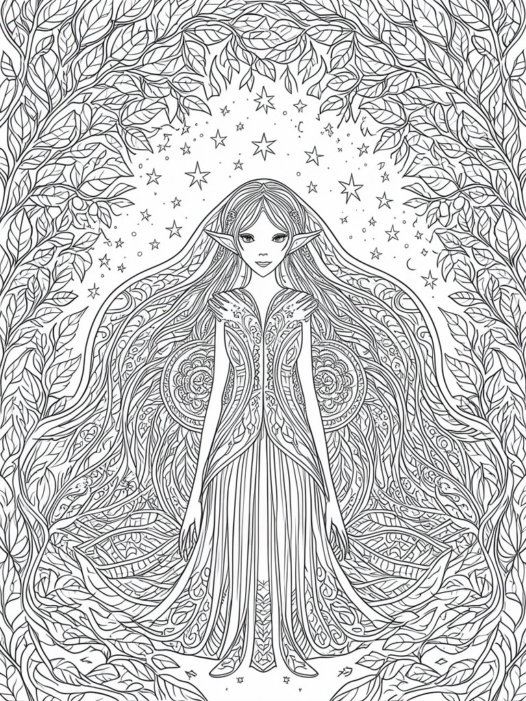 A black and white line drawing of an elf with pointed ears and long flowing hair wearing an ornate dress, surrounded by leaves and stars.