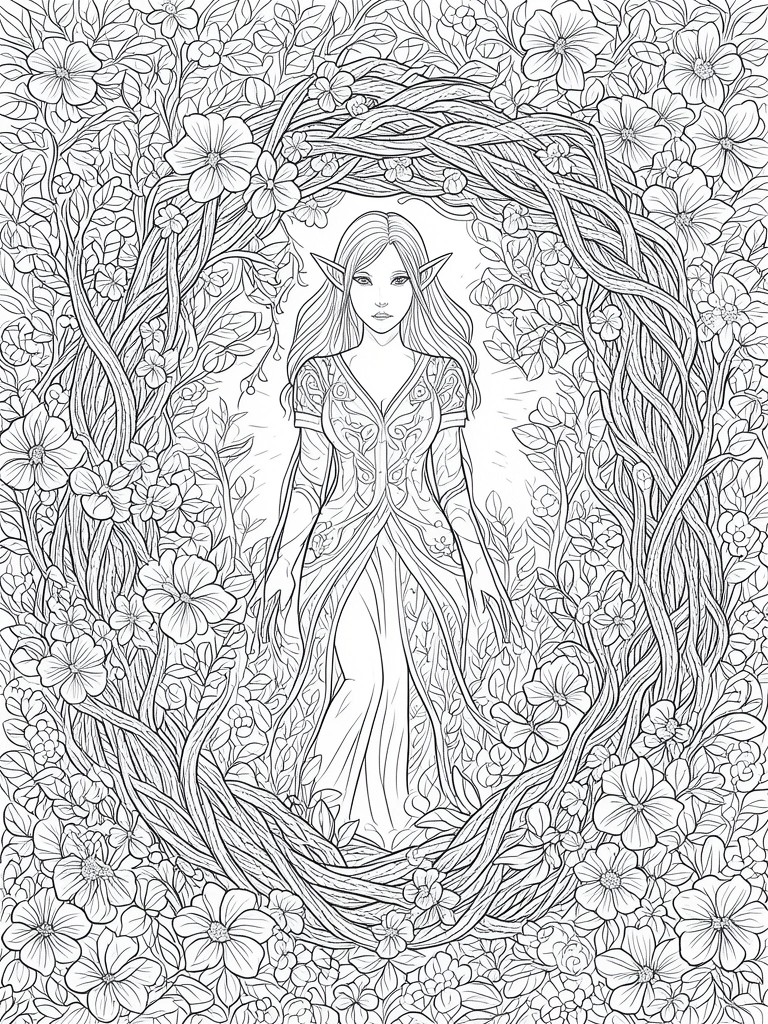A black and white line drawing of an elf with pointed ears standing under a floral vine arch surrounded by dense flowers and leaves.