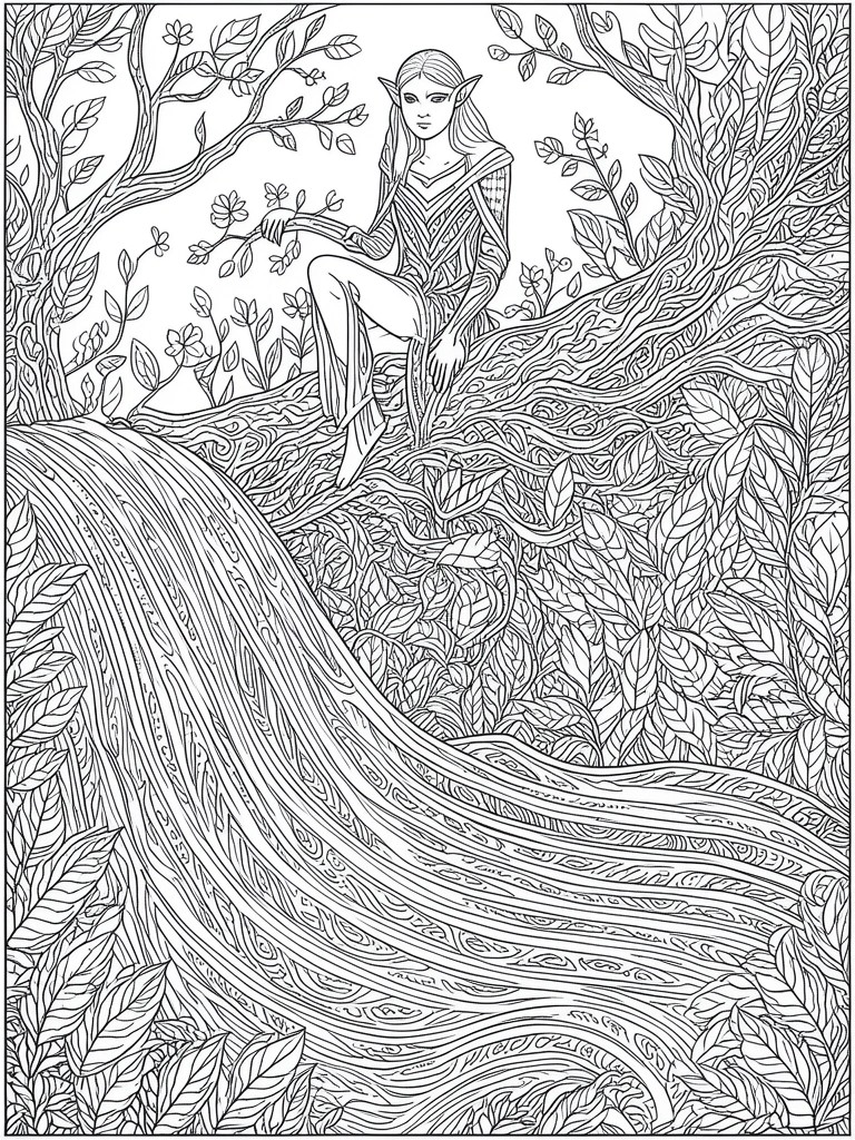 A detailed line drawing of an elf with pointed ears sitting on a tree branch in a forest, surrounded by leaves and branches, with flowing lines at the bottom.