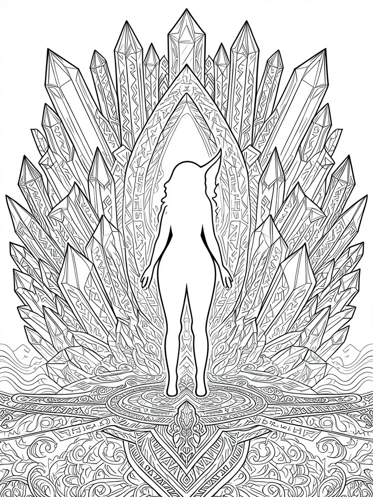Fantasy line art of a silhouetted figure before an ornate crystal throne.