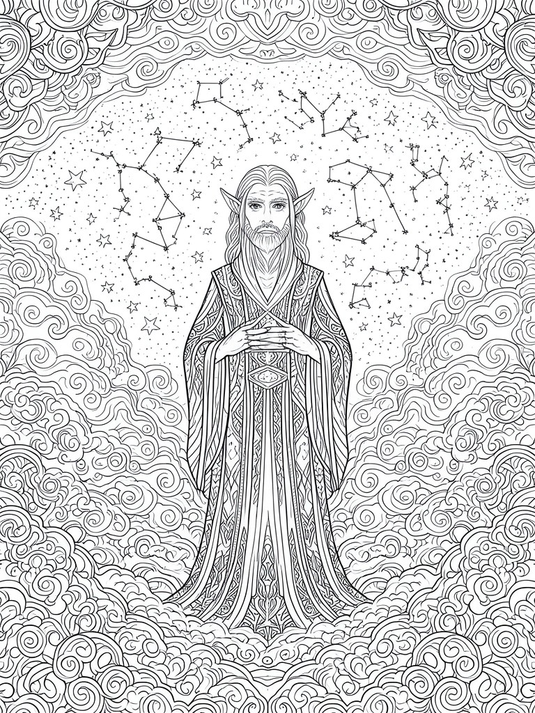 Intricate line art of bearded elf in ornate robes under starry constellations and swirling clouds